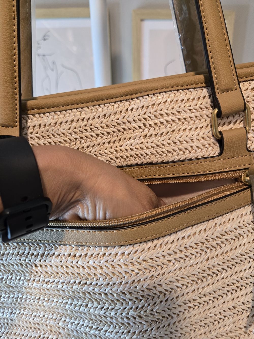 Style & Co. Natural Straw Tote with Tan Trim and Zip Pocket - Picture 6 of 16